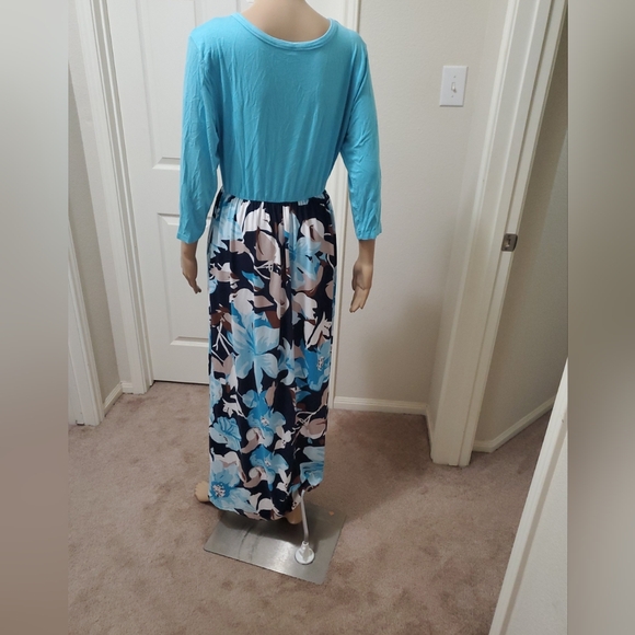 WNEEDU L aqua blue quarter sleeve scoopneck maxi floral skirt pockets - Picture 6 of 10